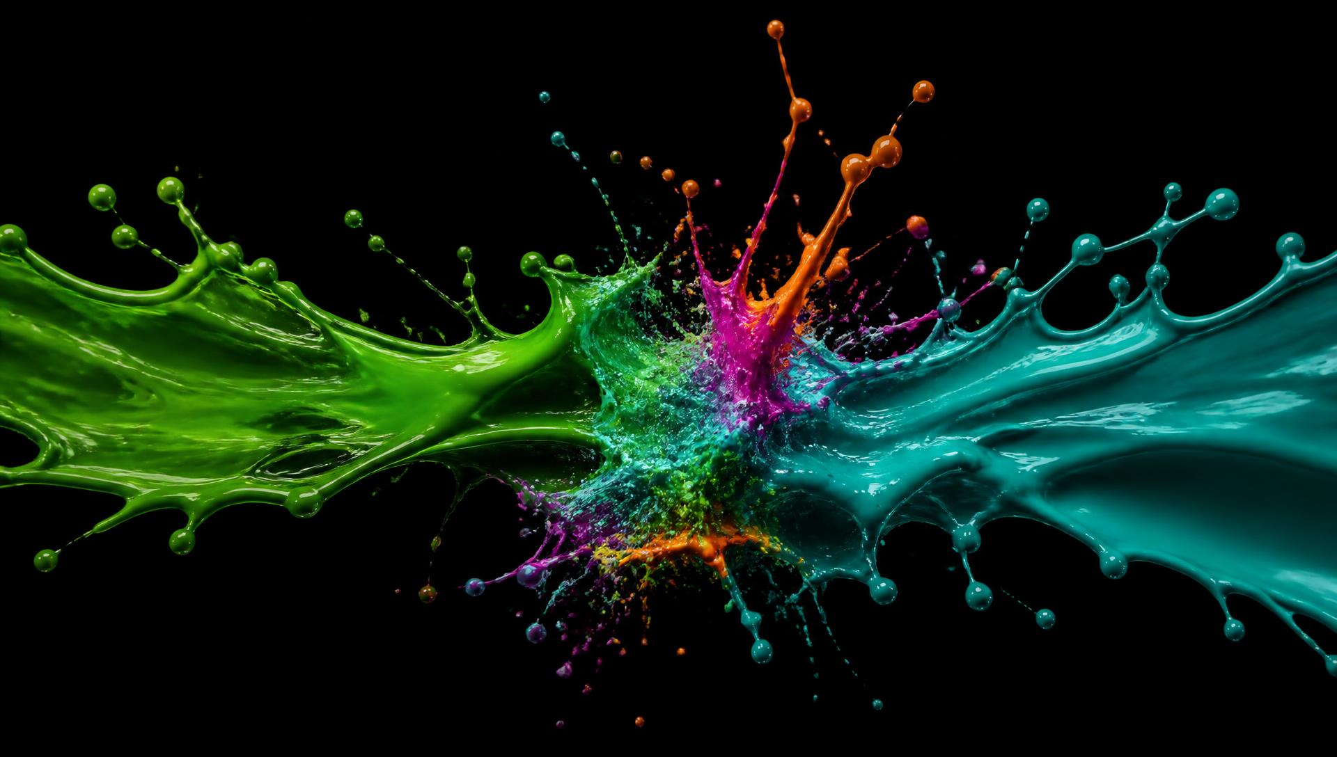 Emerald and teal paint colliding in mid air